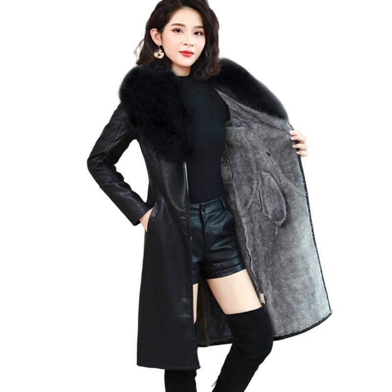 大毛领冬季皮衣女加绒加厚中长款韩版2025新款修身显瘦收腰皮外套|undefined