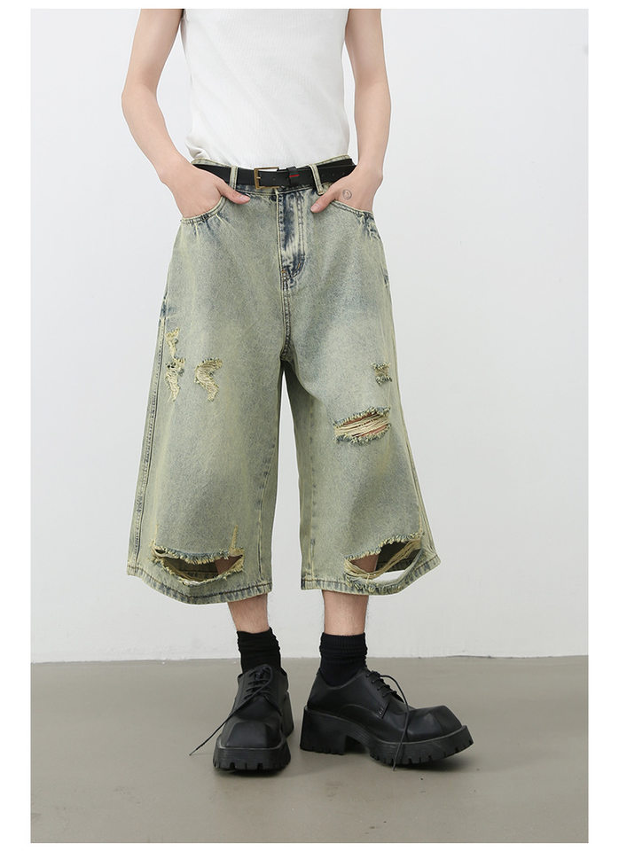 Quần short jean nam ống rộng ống thẳng dáng lửng rách nhẹ — Màu xanh lam chi tiết 5