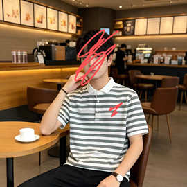 h家休闲时尚简约短袖条纹男生polo衫上衣