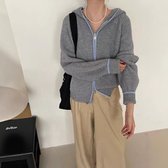 连帽双拉链毛衣外套女2025秋冬新款韩系撞色边针织开衫小个子穿搭