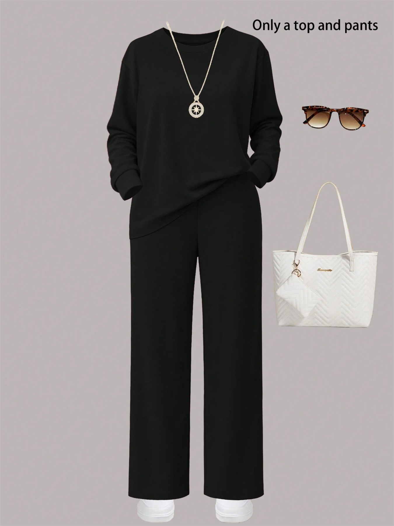 Women's Autumn/Winter Two Piece Set Style Solid Color Round Neck Long Sleeve Top With Wide Leg Straight Leg Pants_ecoleips.com