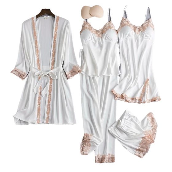 Foreign trade cross-border manufacturers new pajamas with chest pad Europe and the United States large size gold ladies flower five-piece set of thin home clothes