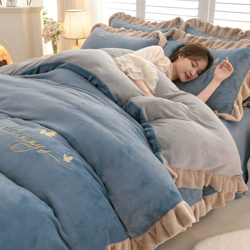 Demi-season velvet autumn warm jeans, double-sided fleece coral duvet cover, flannel set, with embroidery, 4 piece set