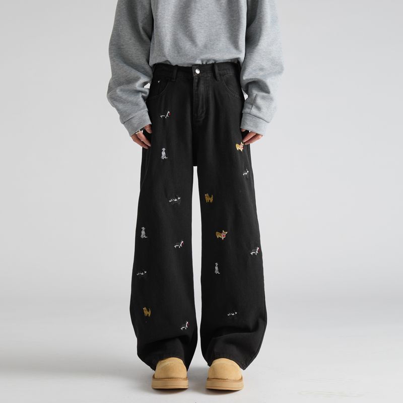 Diversión americana cachorro bordado jeans hombre verano 2026 nuevo pantalones de piernas largas de cintura alta recta