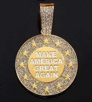 Ожерелье, хип‑хоп подвес с полным инкрустацией «MAKE AMERICA GREAT AGAIN», золото/серебро, опция 18" кубинская цепь