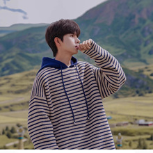 日系拼接条纹连帽针织毛线衣男女秋冬季慵懒风设计感宽松韩系毛衣