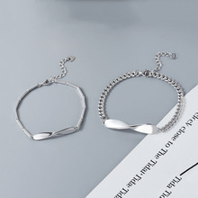 银莫比乌斯环情侣手链男女一对异地恋情人节礼物光面波浪刻字手镯