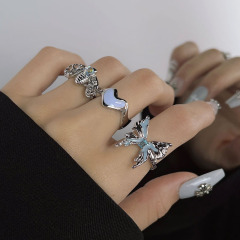 霧霾藍蝴蝶愛心戒指女小眾設計法式ins風個性輕奢高級感開口指環