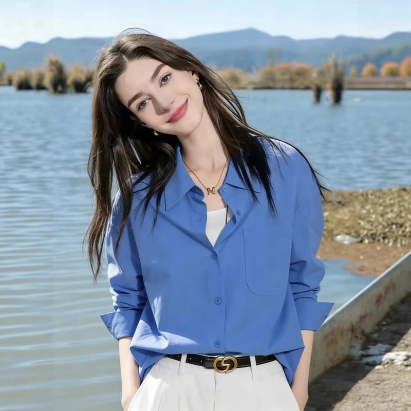Commuter-Style Blue Collared Long-Sleeve Shirt for Women, 2026 Spring Layered Shirt with a Stylish Design in Klein Blue Commuter-Style Blue Collared Long-Sleeve Shirt for Women, 2026 Spring Layered Shirt with a Stylish Design in Klein Blue