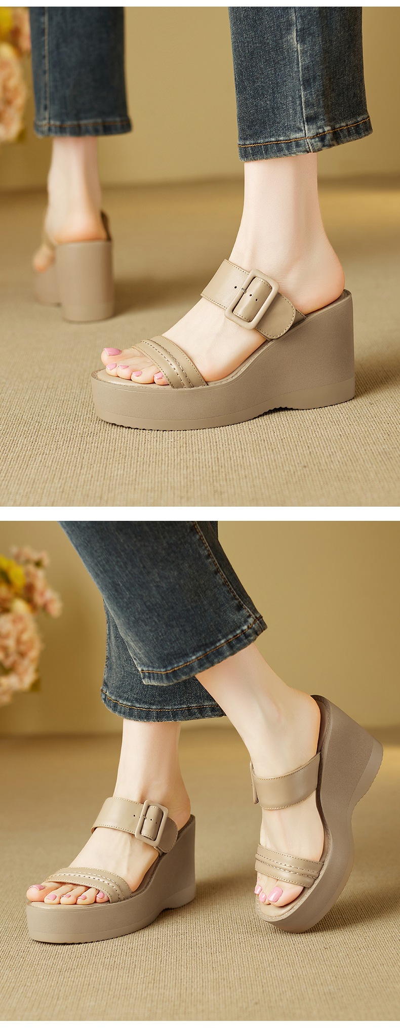 Sandal cao gót nữ hở mũi đế xuồng da bò quai một chữ thắt nút — màu trắng ngà chi tiết 6