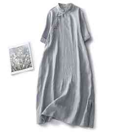 实拍 新款水洗亚麻女装原创新中式旗袍高端精致刺绣棉麻连衣裙