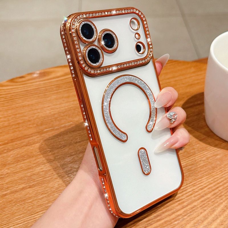 适用iPhone17Pro边钻磁吸电镀透明手机壳苹果16闪粉镜头膜保护套|undefined