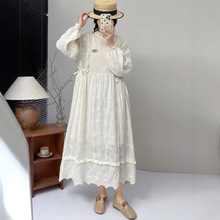 2025春夏新品 日系森女系纯色风琴皱小立领系带收腰长袖连衣裙女