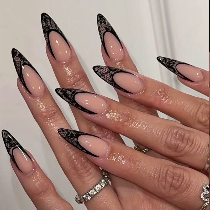Cross-Border European and American Hot-Selling Wearable Nail Patches, Simple Black French Lace Nail Stickers, 24 Pieces of Removable Nail Patches Cross-Border European and American Hot-Selling Wearable Nail Patches, Simple Black French Lace Nail Stickers, 24 Pieces of Removable Nail Patches