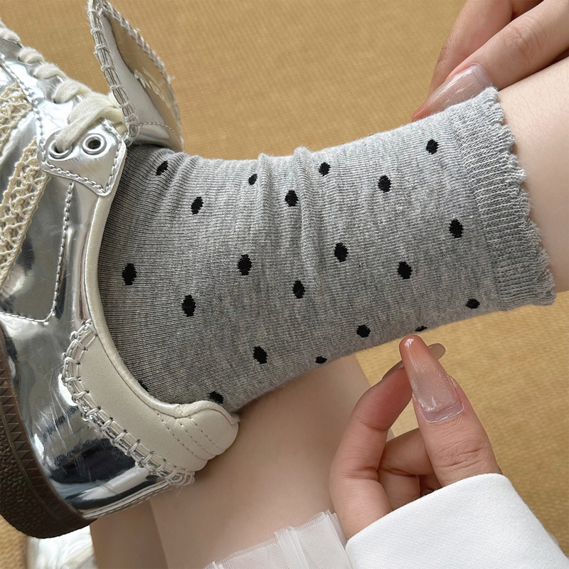 Zhuji Women's Summer Thin Pure Cotton Antibacterial Polka Dot Mid-Calf Socks Miu Style Lace Ruffle Retro Slouch Socks