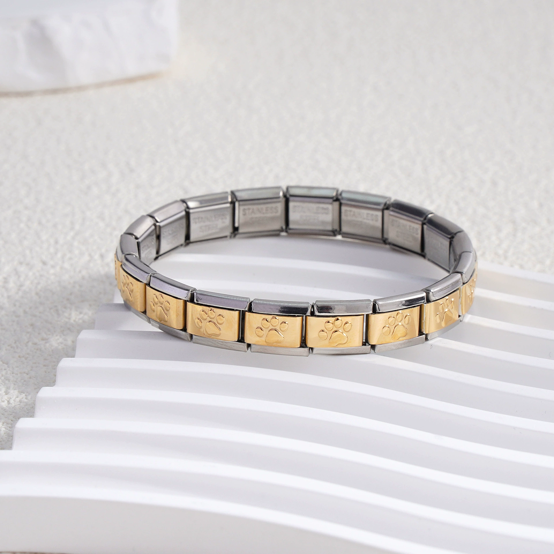 stainless steel bracelet, removable elastic link watch strap, italian european style, assorted charms