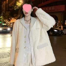 拼接仿羊羔毛棉衣设计感小众棉服外套冬季韩版宽松加厚上衣女