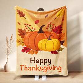 跨境Happy Thanksgiving感恩节毛毯火鸡南瓜枫叶印花法兰绒盖毯