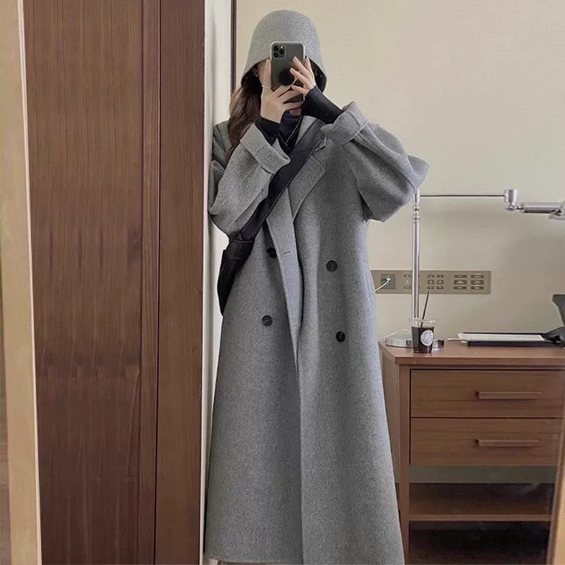 Длинное шерсть-подобное кашемировое пальто, средней длины, утолщенное, коллекция 2023 года, подростковая