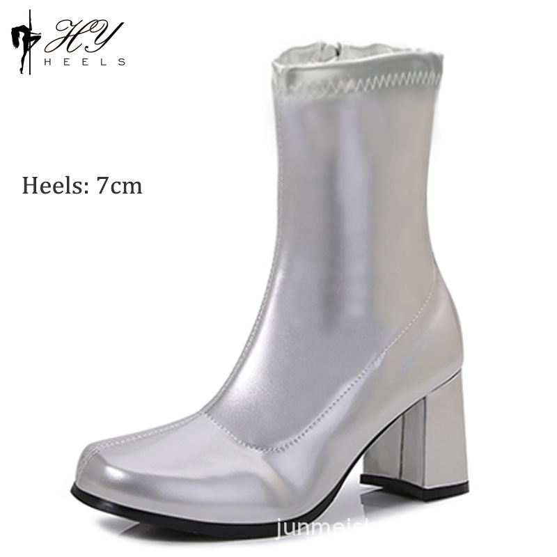 Bốt nữ cổ thấp gót vuông 7 cm da sáng chế — Đỏ đào, Màu đen, Màu vàng, Ghi chú DIY Màu sắc tùy chỉnh