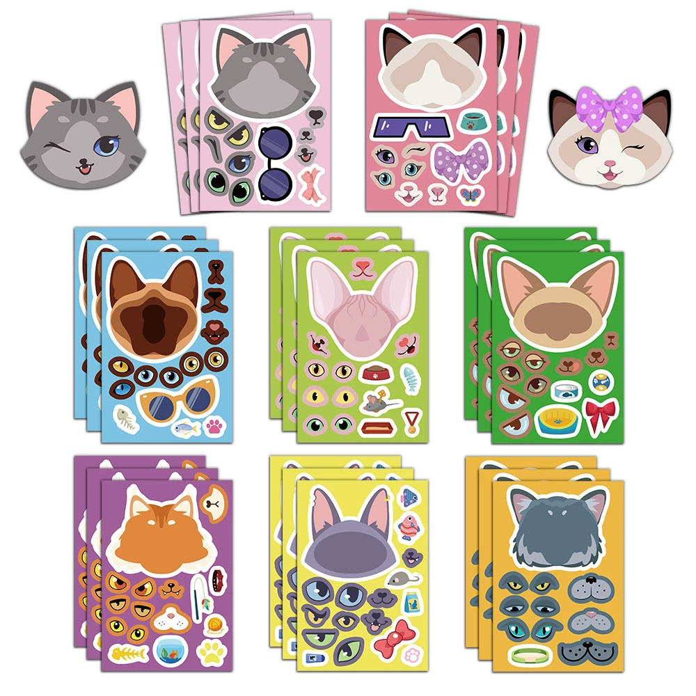 8 шт/сумка милый кот кошка меняет лицо наклейки трансграничные амазонка мультфильм дети головоломки бонус наклейки водонепроницаемый