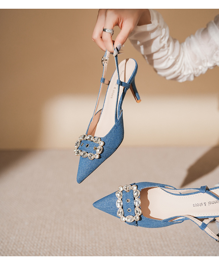 7755-5 Denim Blue Style Belt Buckle Closed Sandals Front Open Back Thin Heel High Heels Commuting_voghion.com