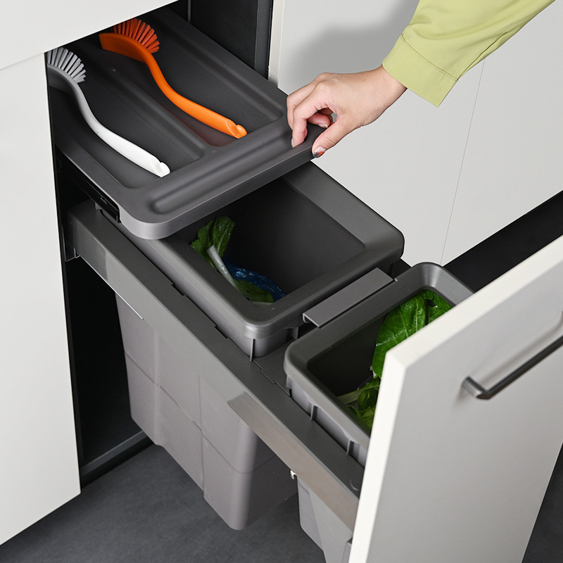 Cabinet Embedded Trash Can, Kitchen Hidden Sorting Cleaning Bin, Pull-Out Trash Can with Lid Cabinet Embedded Trash Can, Kitchen Hidden Sorting Cleaning Bin, Pull-Out Trash Can with Lid