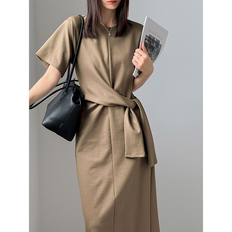 Orange Zhi's New Summer Korean-Style Waist-Cinching Slimming Elegant Irregular Commuter Simple Long Dress F066