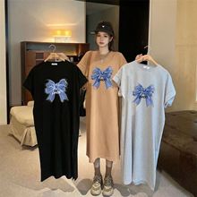 韩国东大门新款大码宽松圆领印花开叉中长款包臀连衣裙短袖上衣潮