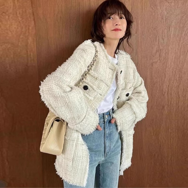 Japanese Style Ena Matsumoto Small Chanel-Style Blazer for Women 2026 Spring and Autumn New Tweed Fringe Coat Beige Outerwear for Women Japanese Style Ena Matsumoto Small Chanel-Style Blazer for Women 2026 Spring and Autumn New Tweed Fringe Coat Beige Outerwear for Women