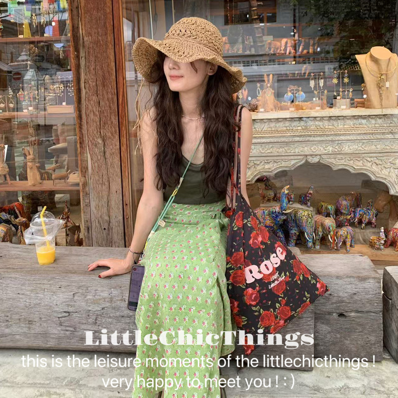 オリジナル LittleChicThings おすすめ ナンヤン風 ブラックローズ リゾート風 ショルダーバッグ|undefined