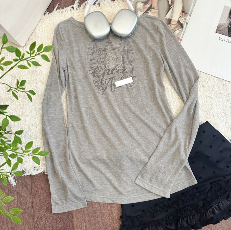 In Stock/Golden Ji*Xiu Style Soft and Breathable Tencel Wool One-Shoulder Letter Wing Print Long-Sleeve T-Shirt