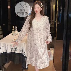 胖mm睡衣女秋冬季新款珍珠棉花边宫廷风长袖睡裙大码家居服可外穿