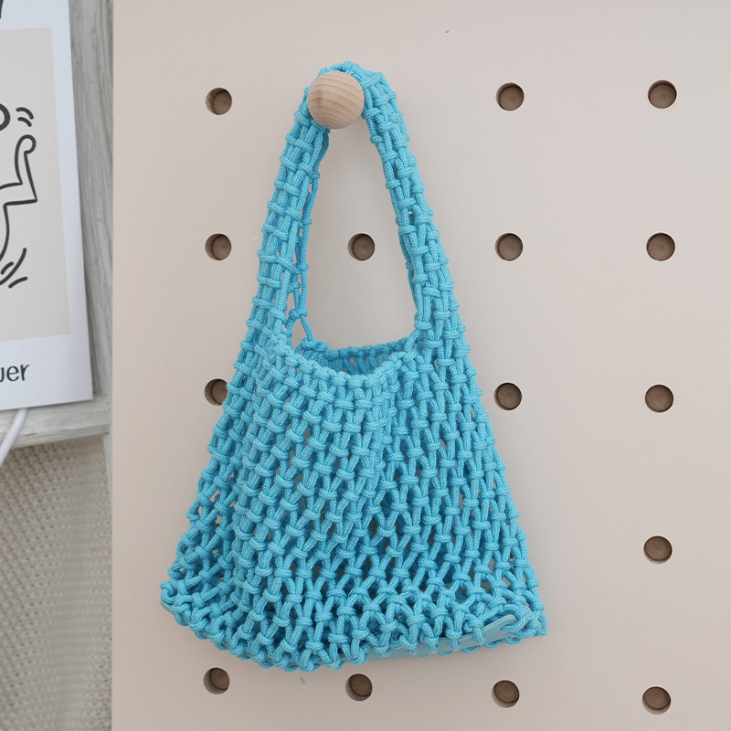 New Cotton Woven Small Leather Bottom Handbag Women's Dopamine Mesh Bag Beach Vacation Bucket Bag Wrist Bag New Cotton Woven Small Leather Bottom Handbag Women's Dopamine Mesh Bag Beach Vacation Bucket Bag Wrist Bag