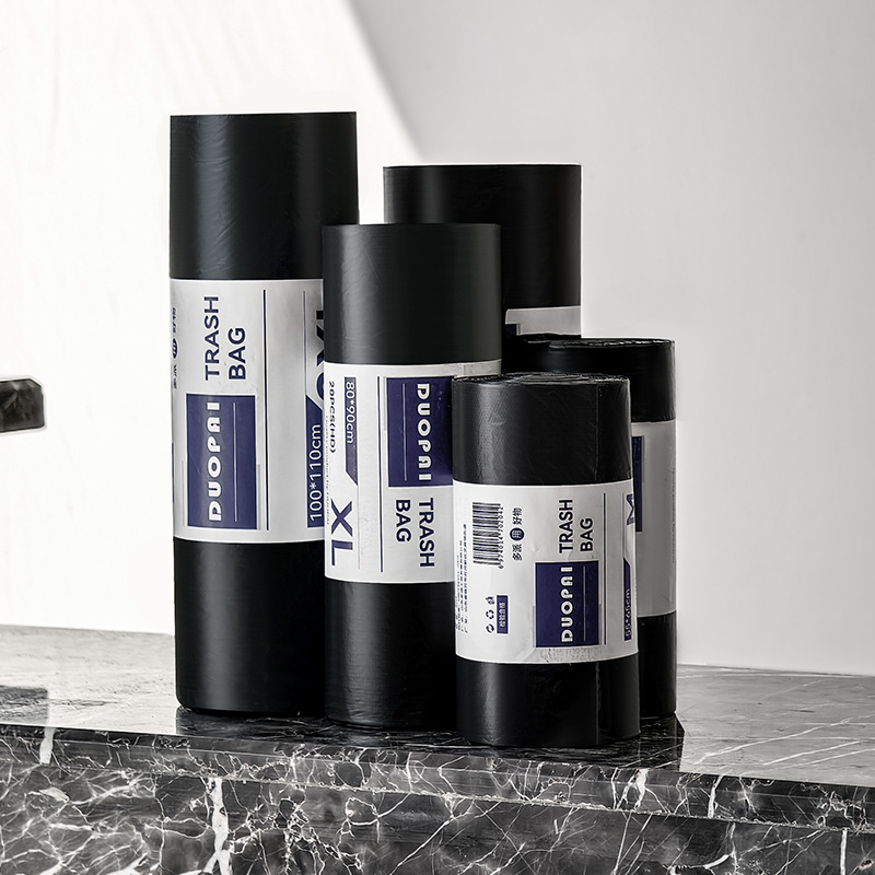 Bolsa de basura de fondo plano de boca plana, propiedad de hotel negro, rollo continuo comercial, bolsa de plástico de saneamiento industrial engrosada