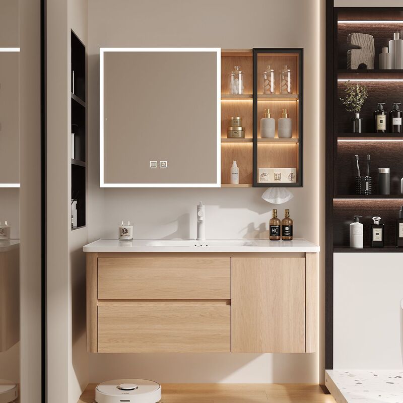 Chinese-Style Washbasin Cabinet Set in Natural Wood Color, Honeycomb Aluminum Bathroom Cabinet with Integrated Ceramic Basin Chinese-Style Washbasin Cabinet Set in Natural Wood Color, Honeycomb Aluminum Bathroom Cabinet with Integrated Ceramic Basin