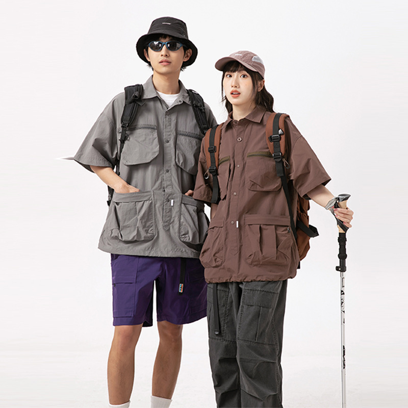 Fashion brand outdoor quick-drying workwear short-sleeved shirt men's and women's same multi-pocket shirt top loose off-shoulder shirt