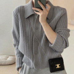 灰色翻领厚实大码针织毛衣女宽松慵懒风开衫秋冬上衣外套女装批发