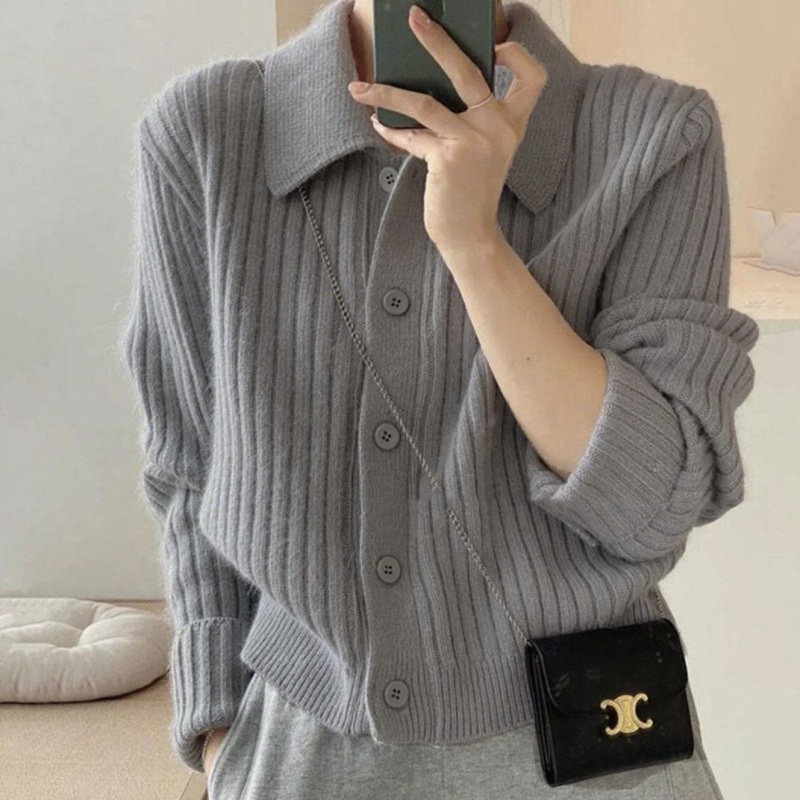 Gray Lapel Thick Oversized Knitted Sweater for Women, Loose and Lazy Style Cardigan, Autumn and Winter Tops, Outerwear, Women's Clothing Wholesale Gray Lapel Thick Oversized Knitted Sweater for Women, Loose and Lazy Style Cardigan, Autumn and Winter Tops, Outerwear, Women's Clothing Wholesale