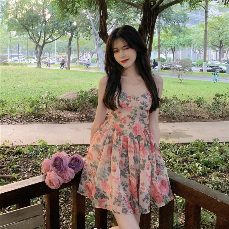Floral Print Sundress High Waisted a Line Skirt French Inspired Petite Women Fairy like Style Perfect for Spring And Summer_ecoleips.com