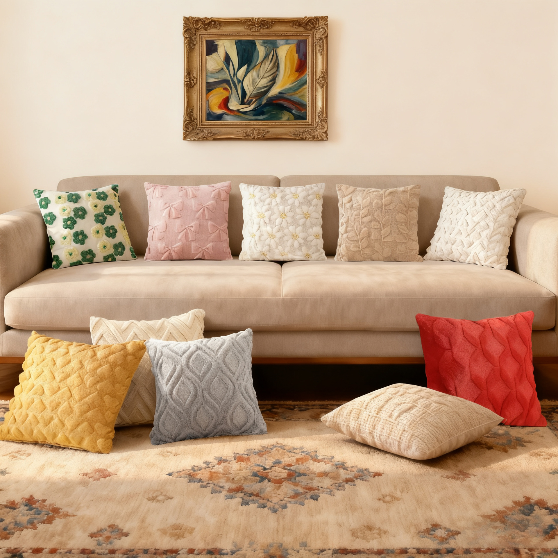 亚马逊现货抱枕套长毛绒绗缝绣花简约时尚高级感飘窗客厅沙发靠垫