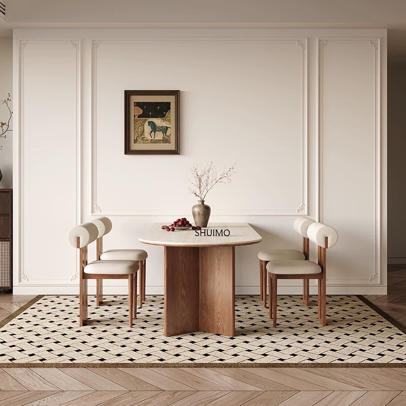 Delifeng Rockpan Cave mesa de comedor de estilo francés de piedra pequeña casa de lujo crema semicircular mesa de comedor rectangular salón