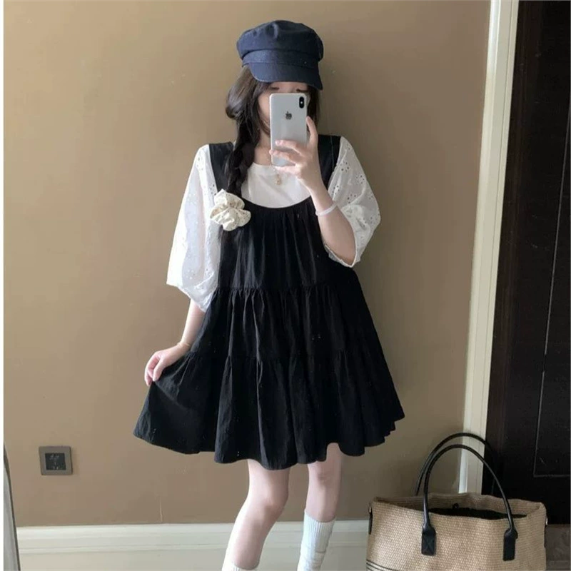 Платье больших размеров с квадратным вырезом и подтяжками, комплект из двух предметов для женщин, летняя пышная юбка трапециевидной формы, закрывающая живот, для похудения