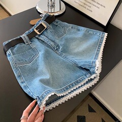 青いレースの高腰デニムの半ズボンの女性の夏の新型の大きいサイズはカジュアルでゆったりしていて痩せています。