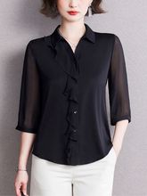黑色雪纺纱衬衫女夏天款韩版时尚外穿洋气七分袖衬衣雪纺小衫上衣