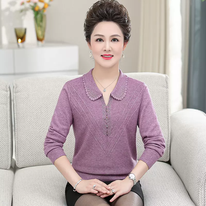 中老年女装秋冬新款翻领针织衫妈妈装打底衫50岁以上绣花长袖毛衣