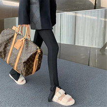 网红时尚黑色铅笔小脚裤拖地裤 ins欧美风拉链内开叉紧身打底裤女