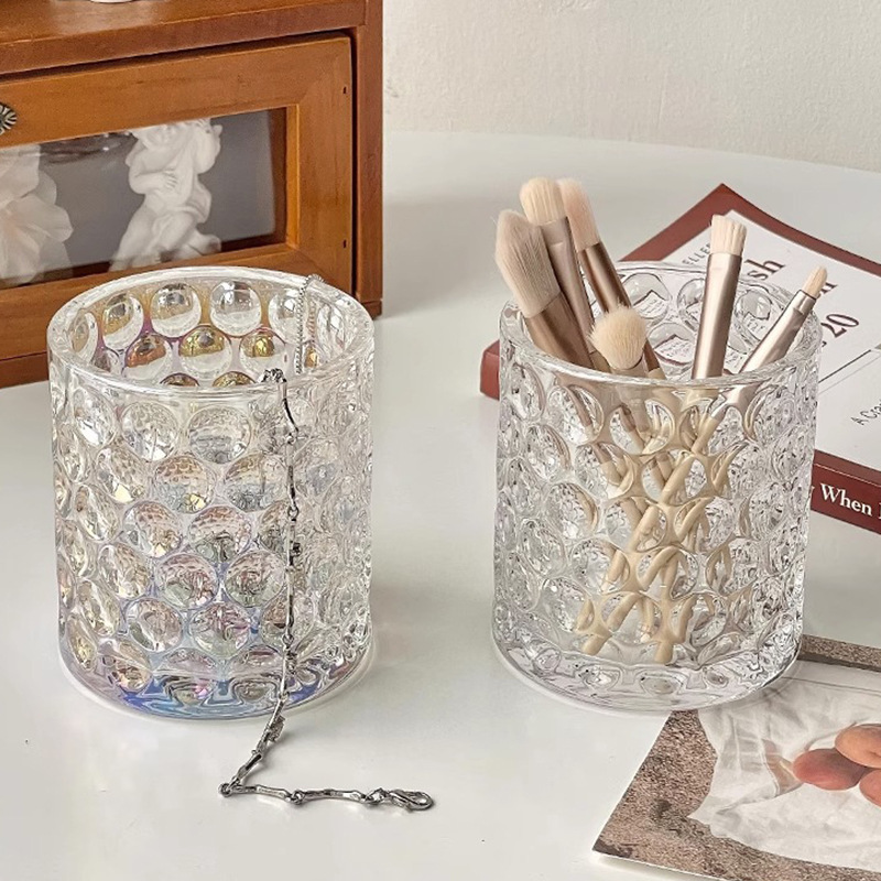 Taza de vidrio de punto simple taza de agua ins puntos de viento cepillo de maquillaje bolígrafo decoración de escritorio candelabros taza de frasa de banano