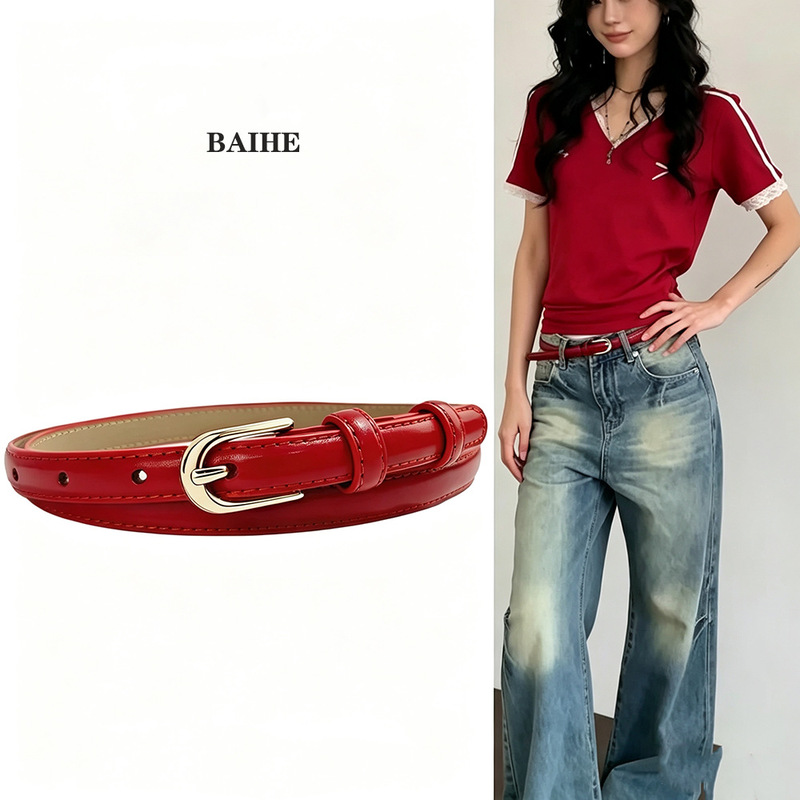 Vintage red thin belt for women, versatile and stylish, a new design with a unique aesthetic, perfect for dresses and jeans