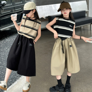 Girls Suit Summer Clothes 2025 New Style Girls Middle and Large Kidsren Summer Casual Stripesd Culottes Two-Piece Set